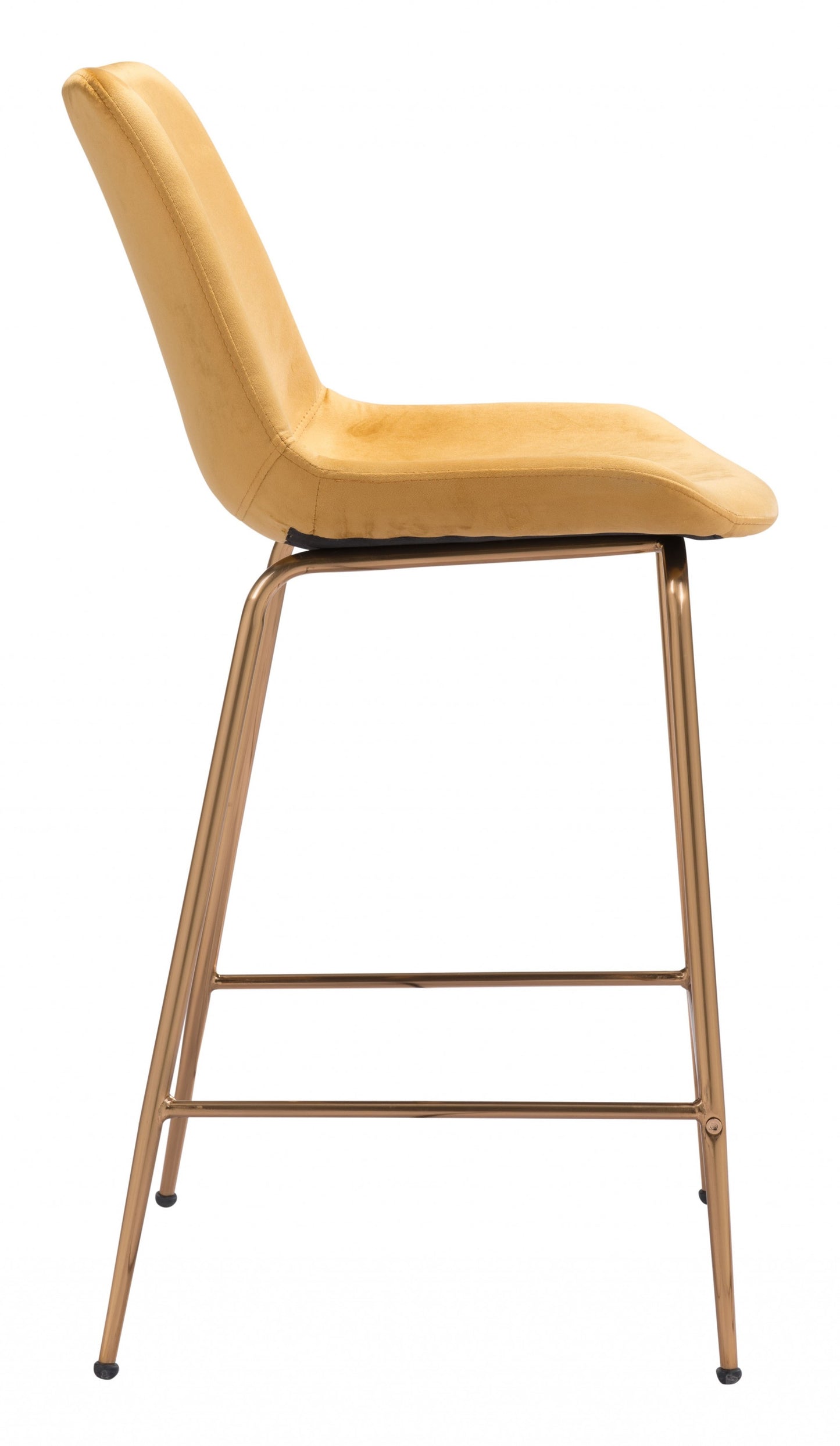 39" Yellow Velvet And Gold Low Back Counter Height Bar Chair With Footrest