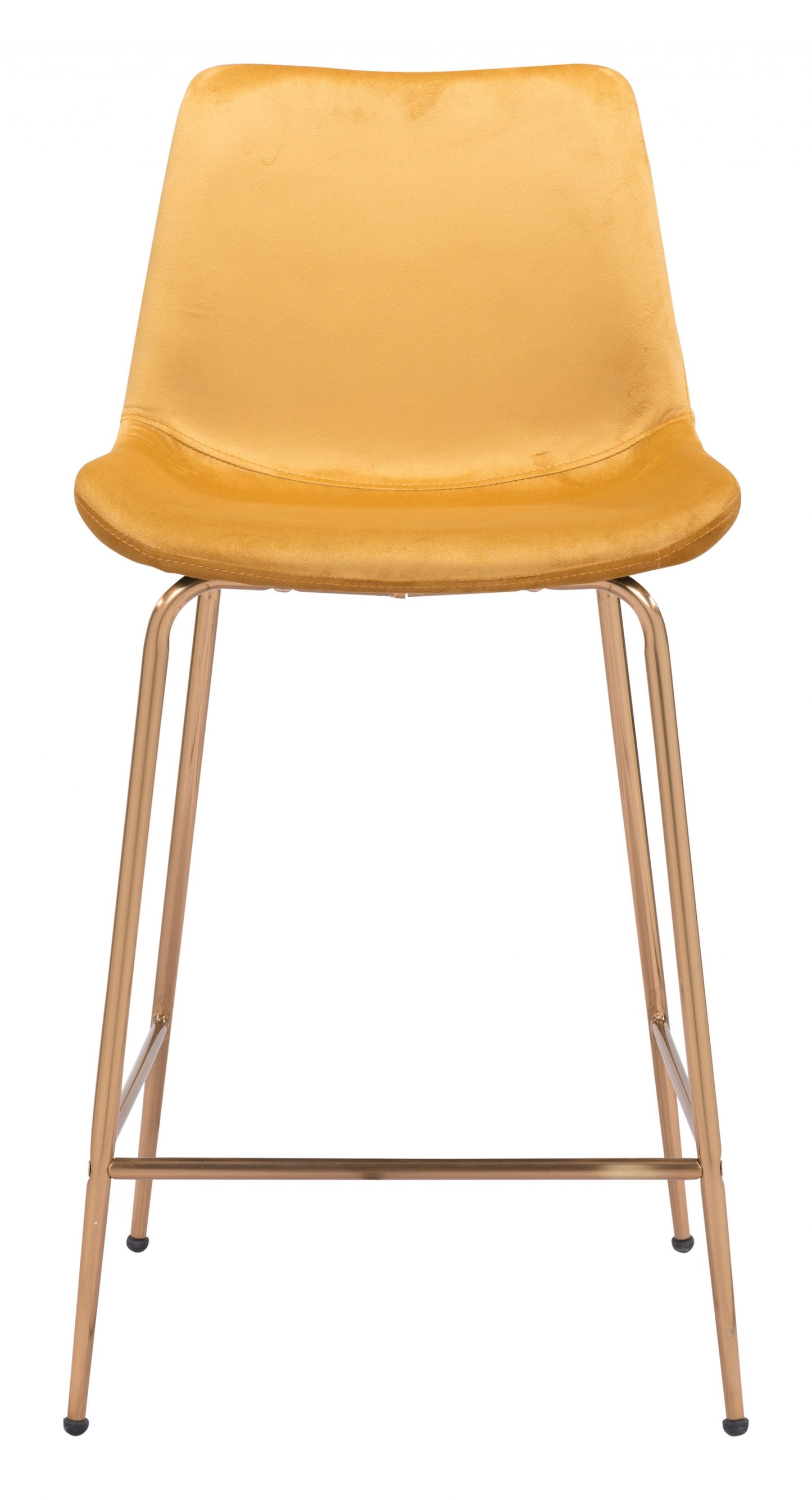 39" Yellow Velvet And Gold Low Back Counter Height Bar Chair With Footrest