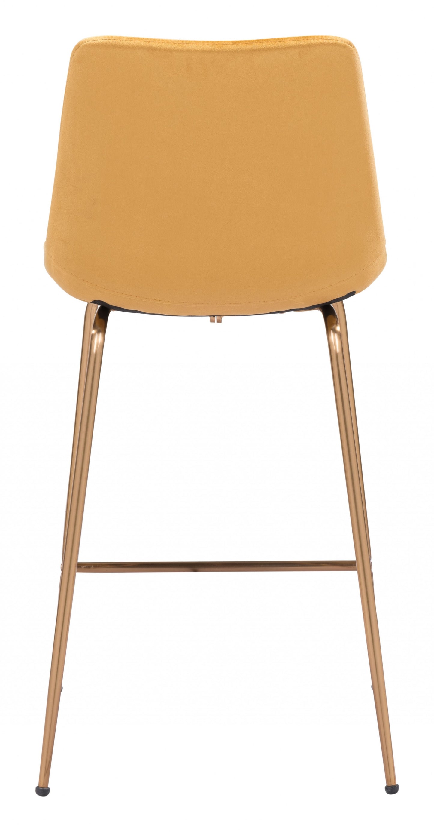 39" Yellow Velvet And Gold Low Back Counter Height Bar Chair With Footrest