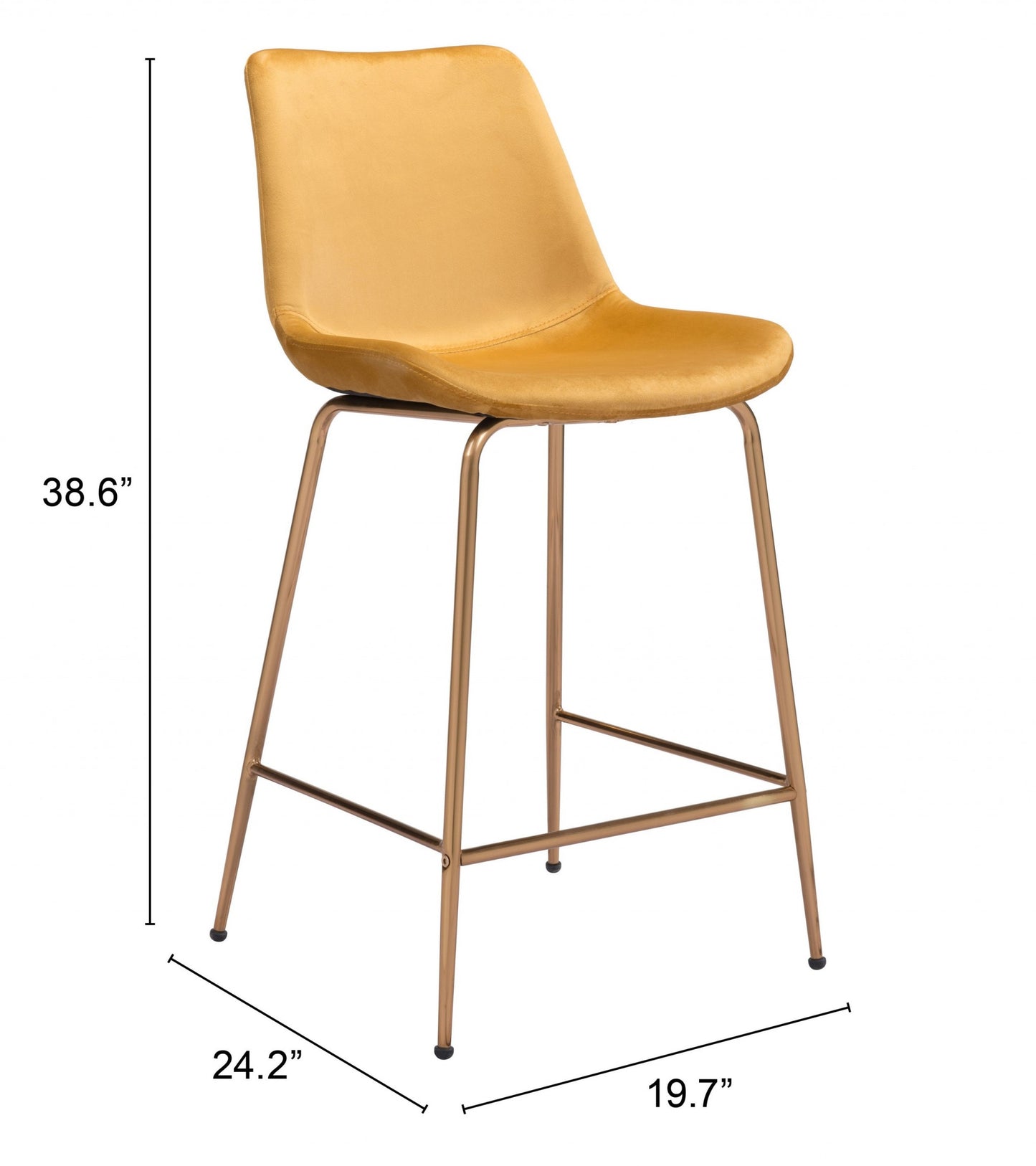 39" Yellow Velvet And Gold Low Back Counter Height Bar Chair With Footrest