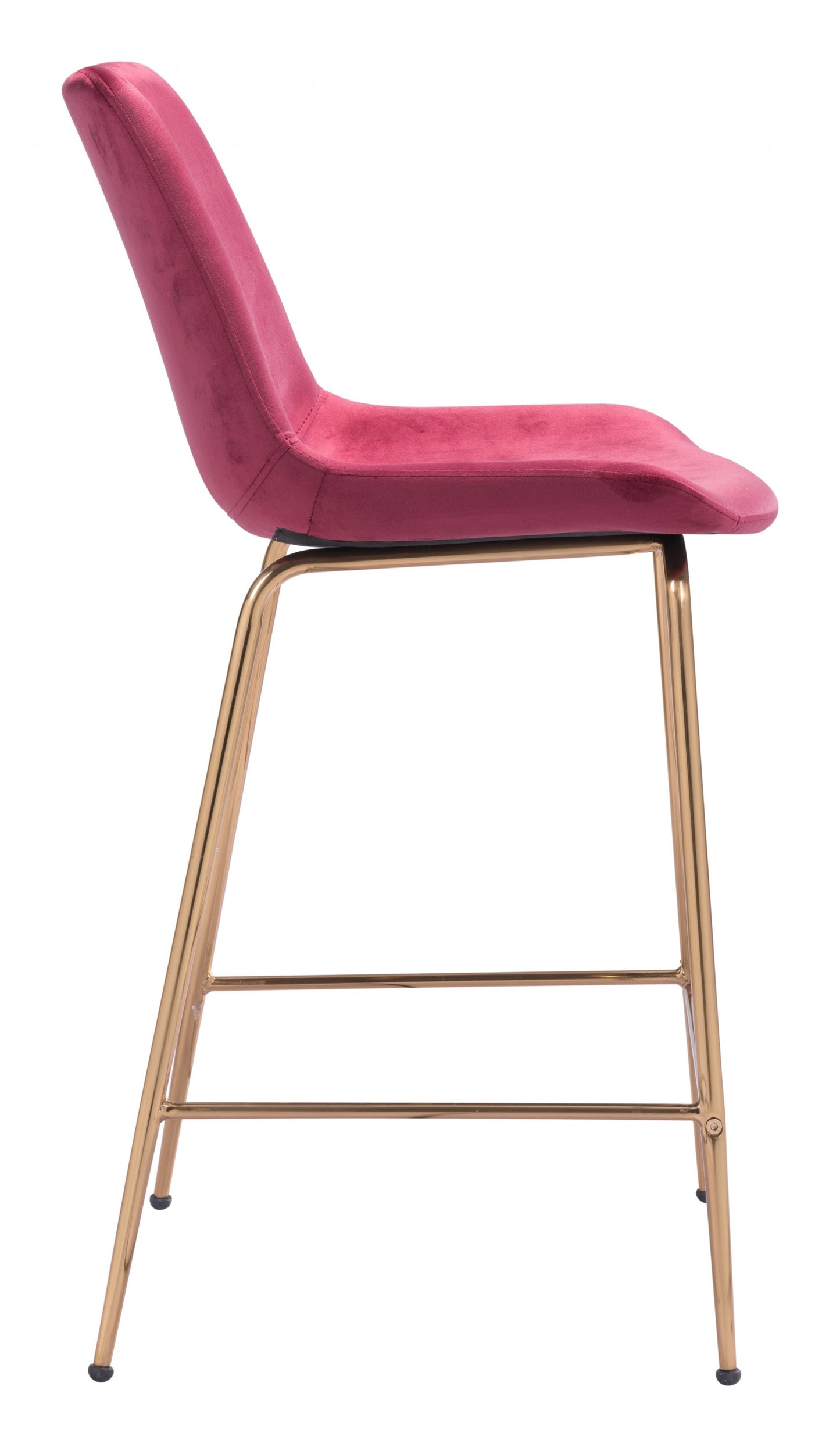 39" Red Velvet And Gold Low Back Counter Height Bar Chair With Footrest