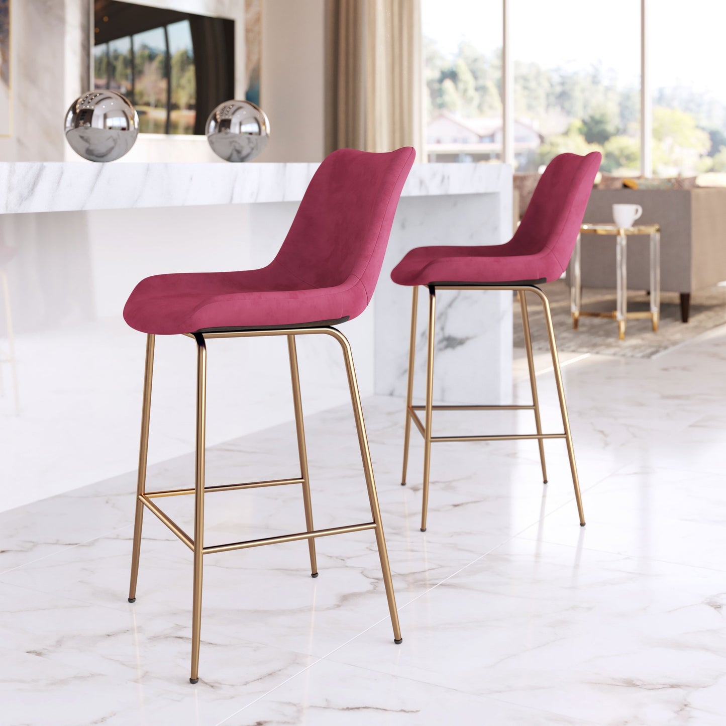 39" Red Velvet And Gold Low Back Counter Height Bar Chair With Footrest