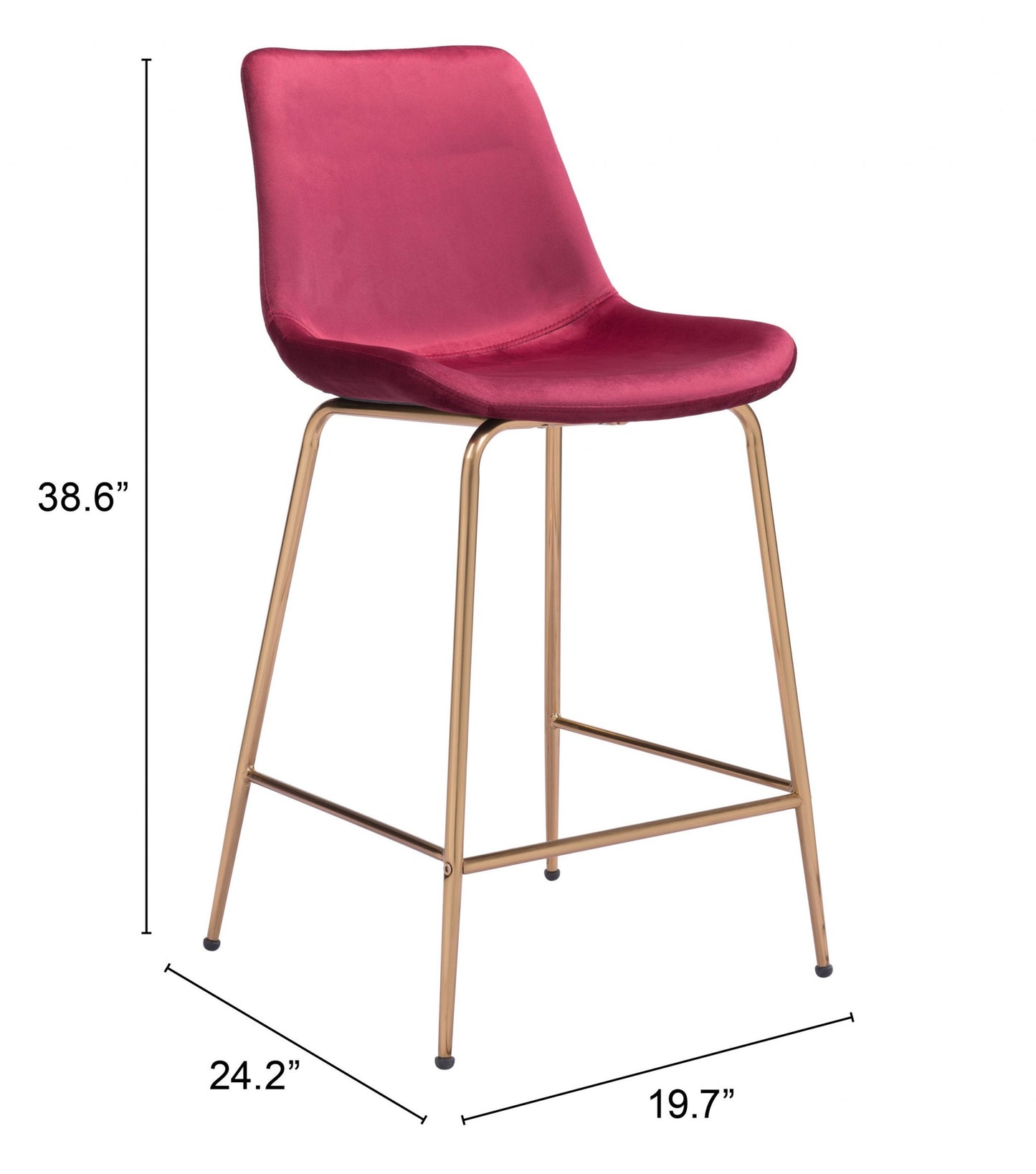 39" Red Velvet And Gold Low Back Counter Height Bar Chair With Footrest