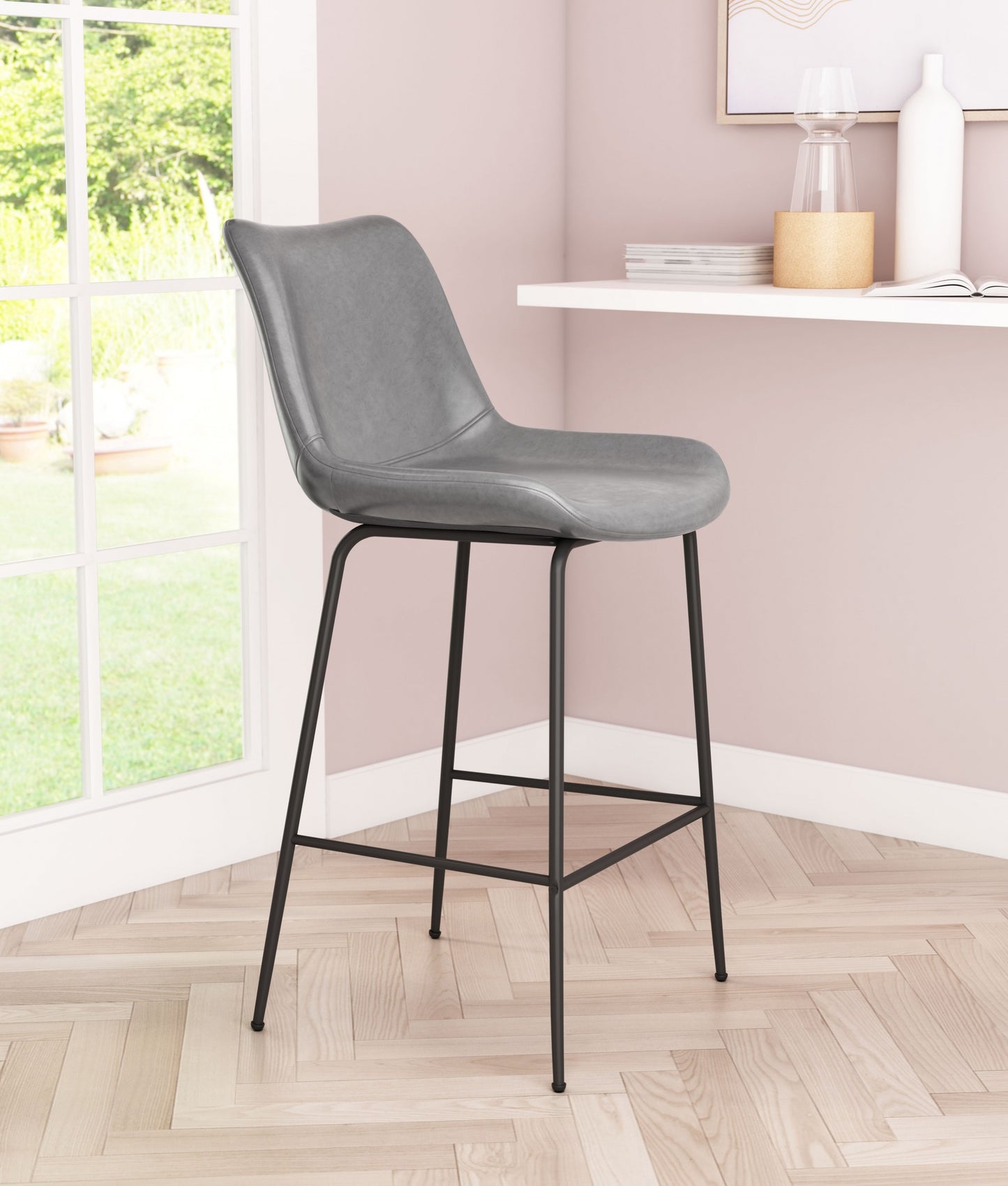 39" Gray And Black Steel Low Back Counter Height Bar Chair With Footrest