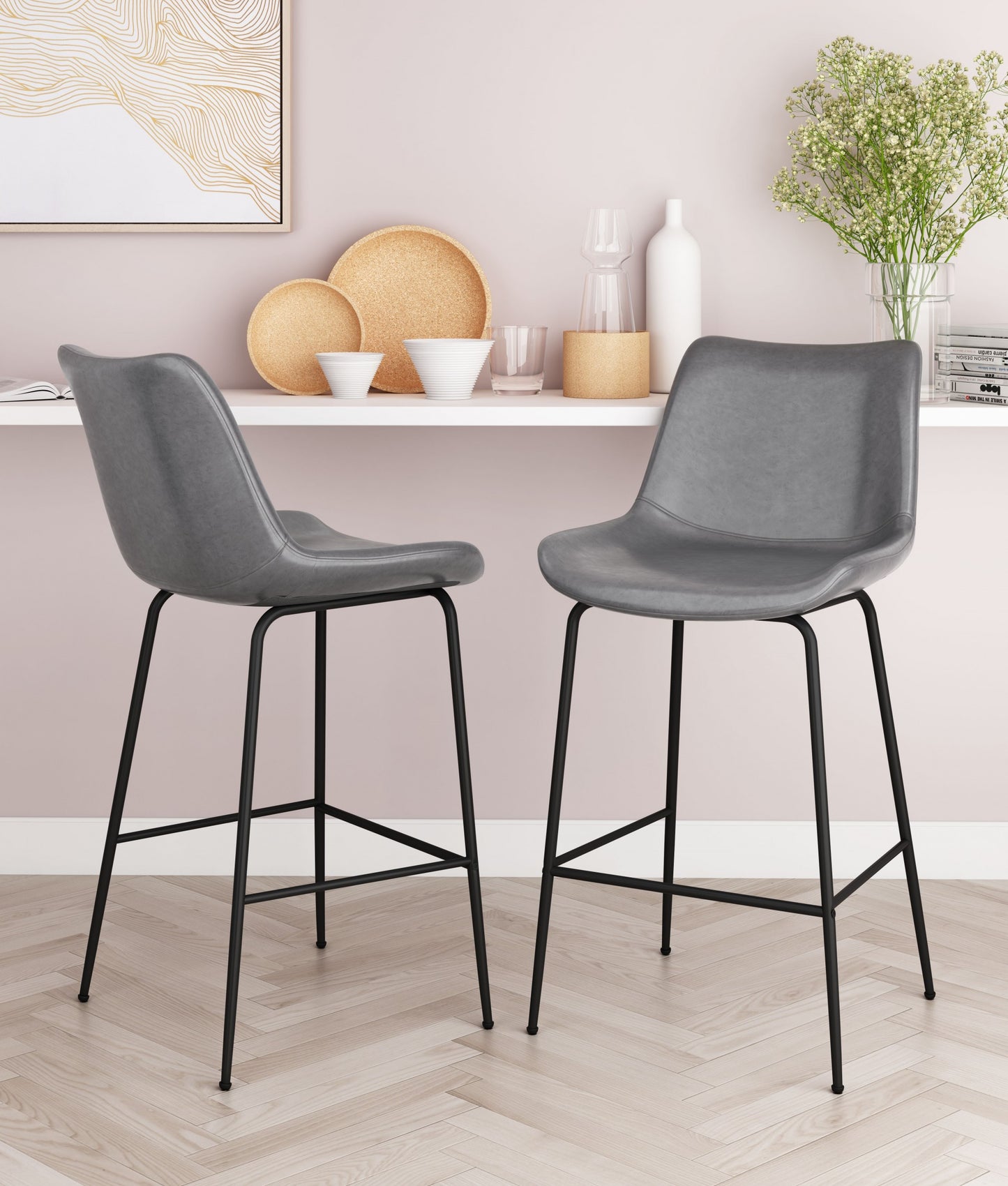 39" Gray And Black Steel Low Back Counter Height Bar Chair With Footrest