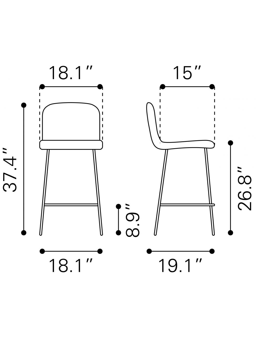 37" Yellow Upholstery and Black Steel Counter Height Bar Chair With Footrest