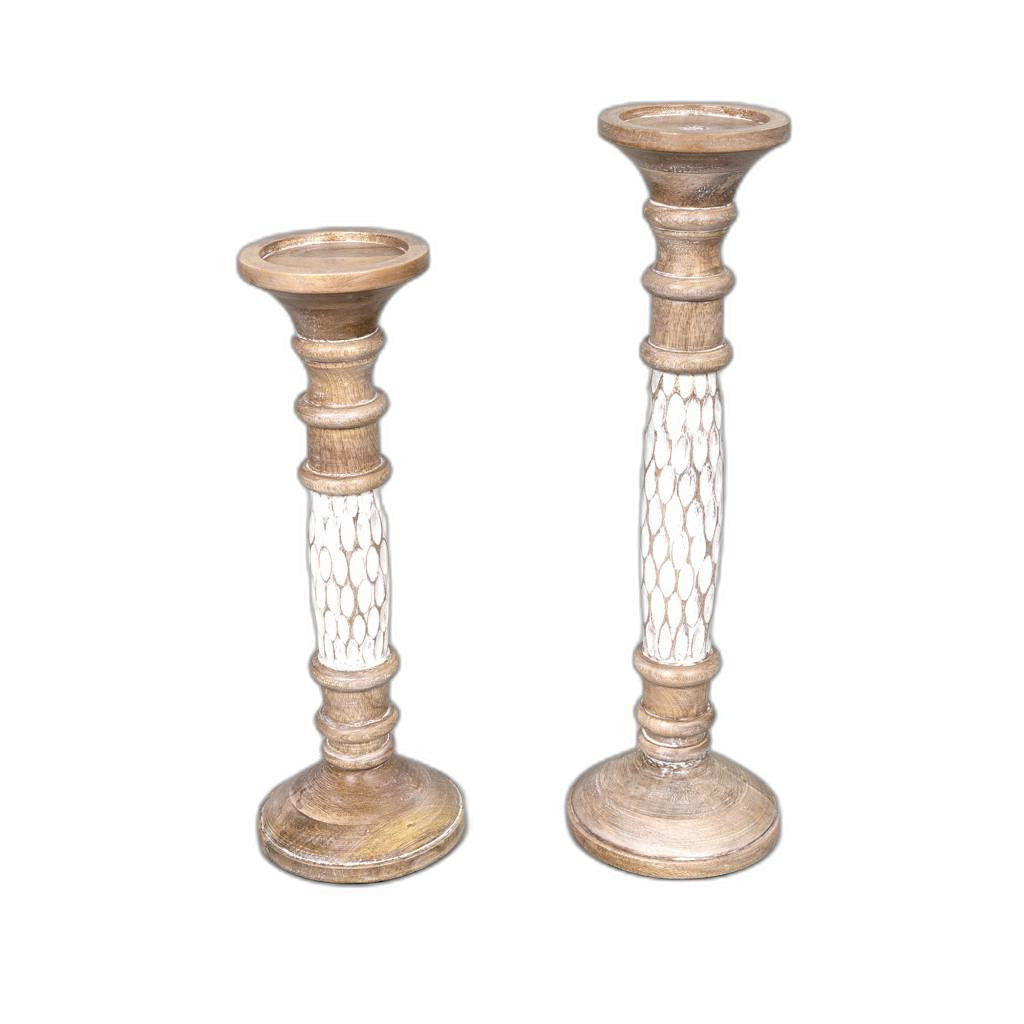 Set of Two White Wooden Carved Candle Holders