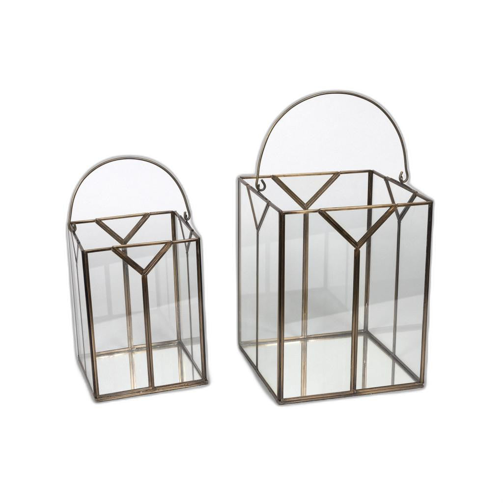 Set of Two Antiqued Bronze Glass Tabletop Lantern Candle Holders
