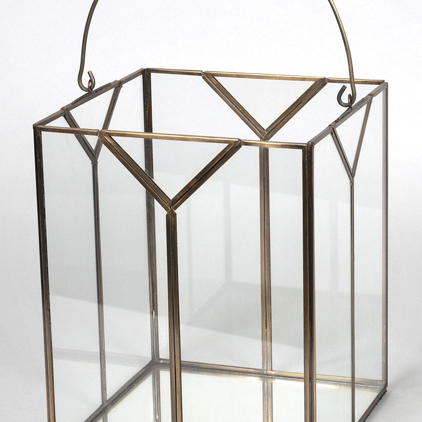 Set of Two Antiqued Bronze Glass Tabletop Lantern Candle Holders
