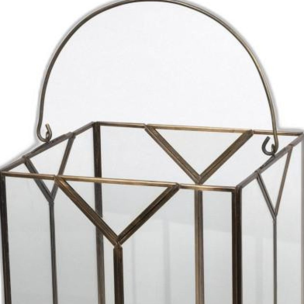 Set of Two Antiqued Bronze Glass Tabletop Lantern Candle Holders
