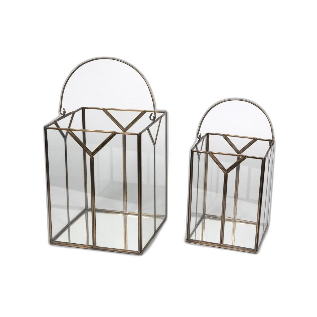 Set of Two Antiqued Bronze Glass Tabletop Lantern Candle Holders
