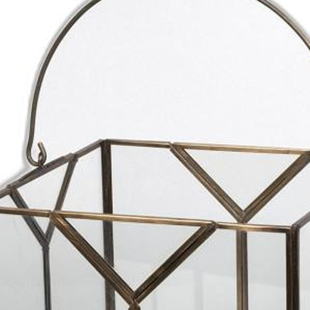 Set of Two Antiqued Bronze Glass Tabletop Lantern Candle Holders