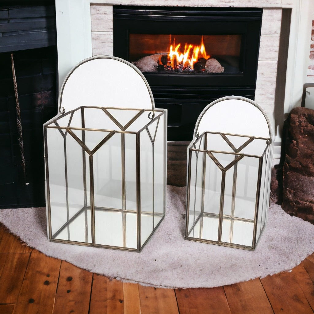 Set of Two Antiqued Bronze Glass Tabletop Lantern Candle Holders