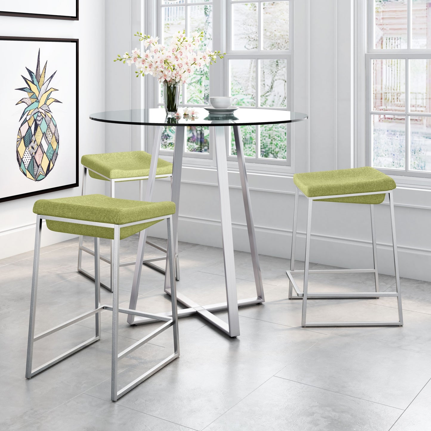Set Of Two 26" Green And Silver Steel Backless Counter Height Bar Chairs With Footrest