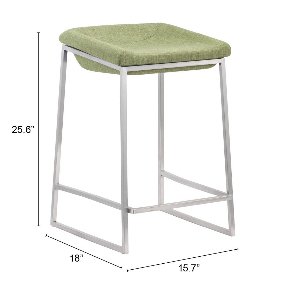 Set Of Two 26" Green And Silver Steel Backless Counter Height Bar Chairs With Footrest