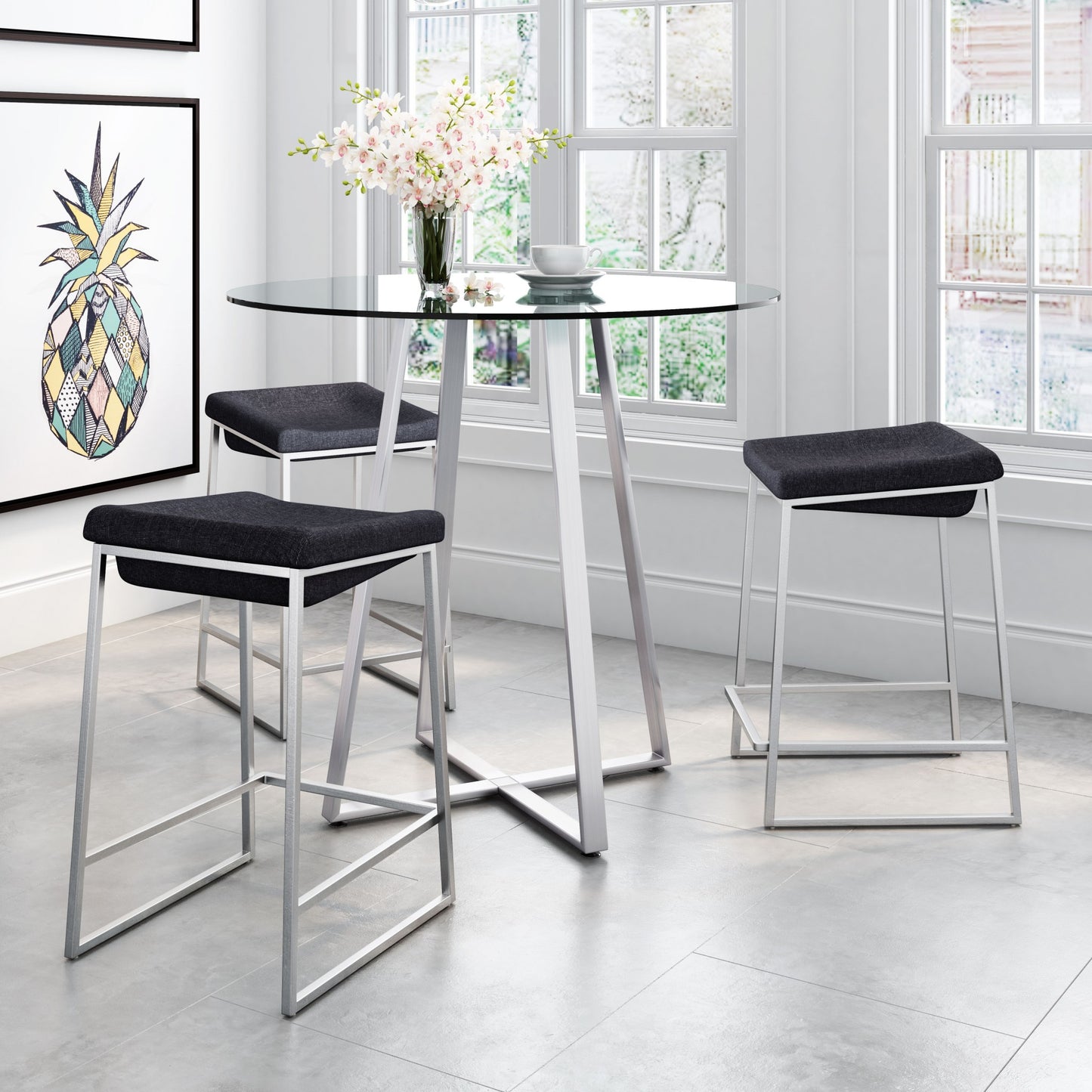 Set of Two " Black and Gray Stainless Steel Swivel Backless Counter Height Bar Chairs with Footrest