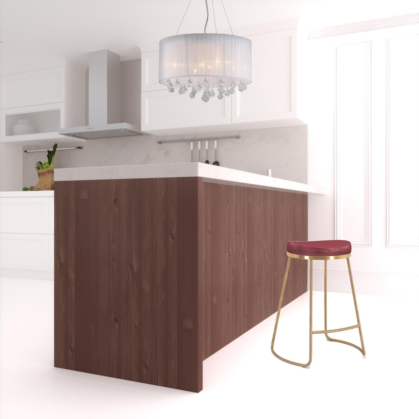 Set of Two " Red and Gold Faux Leather and Stainless Steel Backless Counter Height Bar Chairs with Footrest