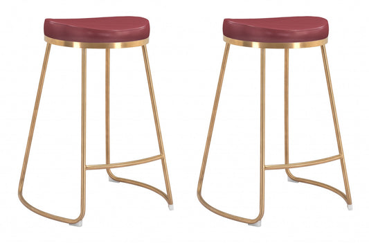 Set of Two " Red and Gold Faux Leather and Stainless Steel Backless Counter Height Bar Chairs with Footrest