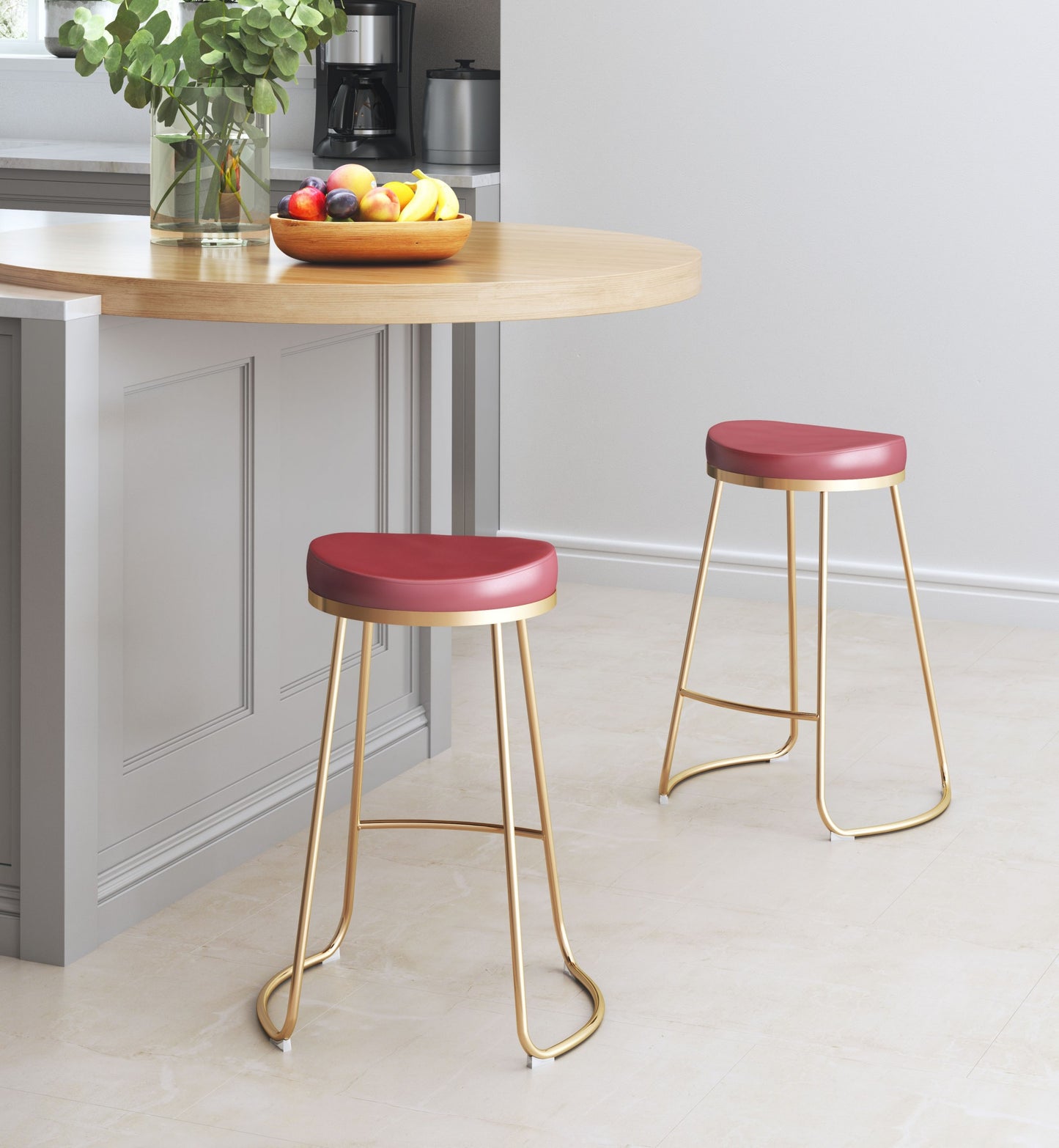 Set of Two " Red and Gold Faux Leather and Stainless Steel Backless Counter Height Bar Chairs with Footrest