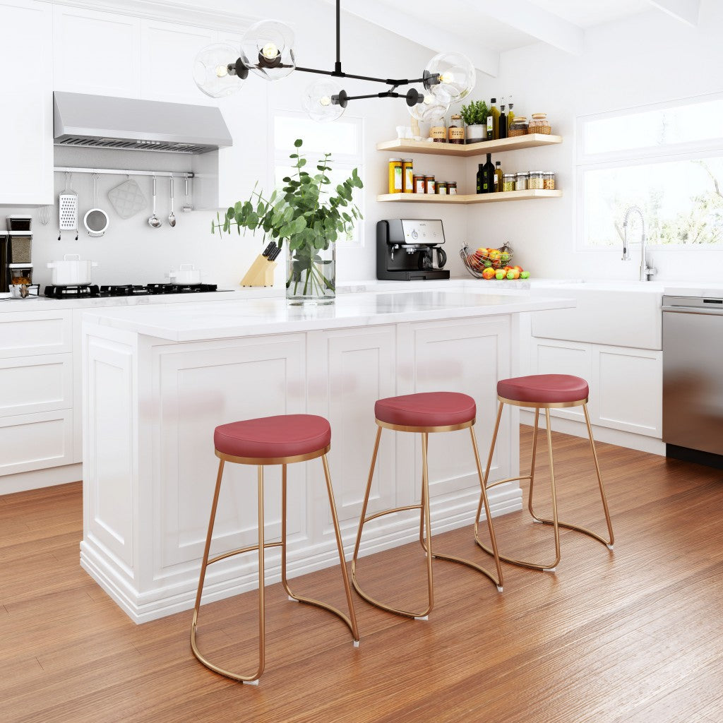 Set of Two " Red and Gold Faux Leather and Stainless Steel Backless Counter Height Bar Chairs with Footrest