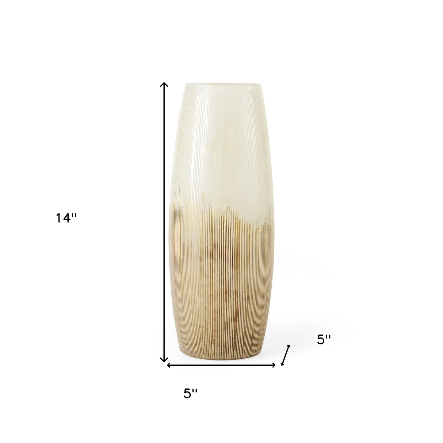 14" Creamy White and Gold Ombre Striped Glass Vase