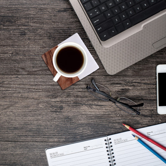 Set of Four Round Wood and Marble Coasters with Stand