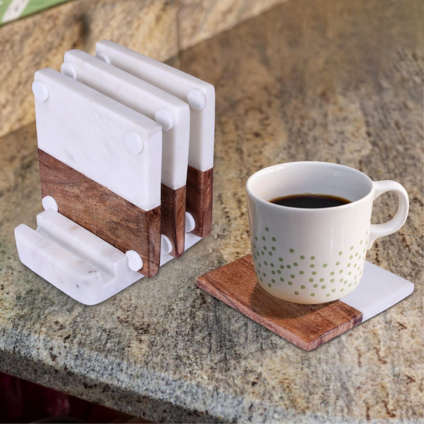 Set of Four Round Wood and Marble Coasters with Stand