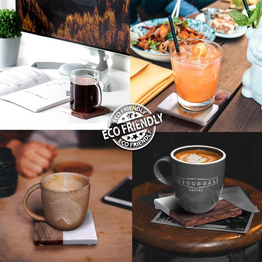 Set of Four Round Wood and Marble Coasters with Stand