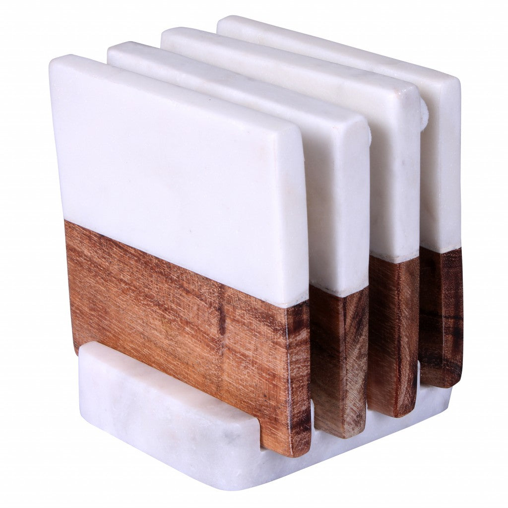 Set of Four Round Wood and Marble Coasters with Stand