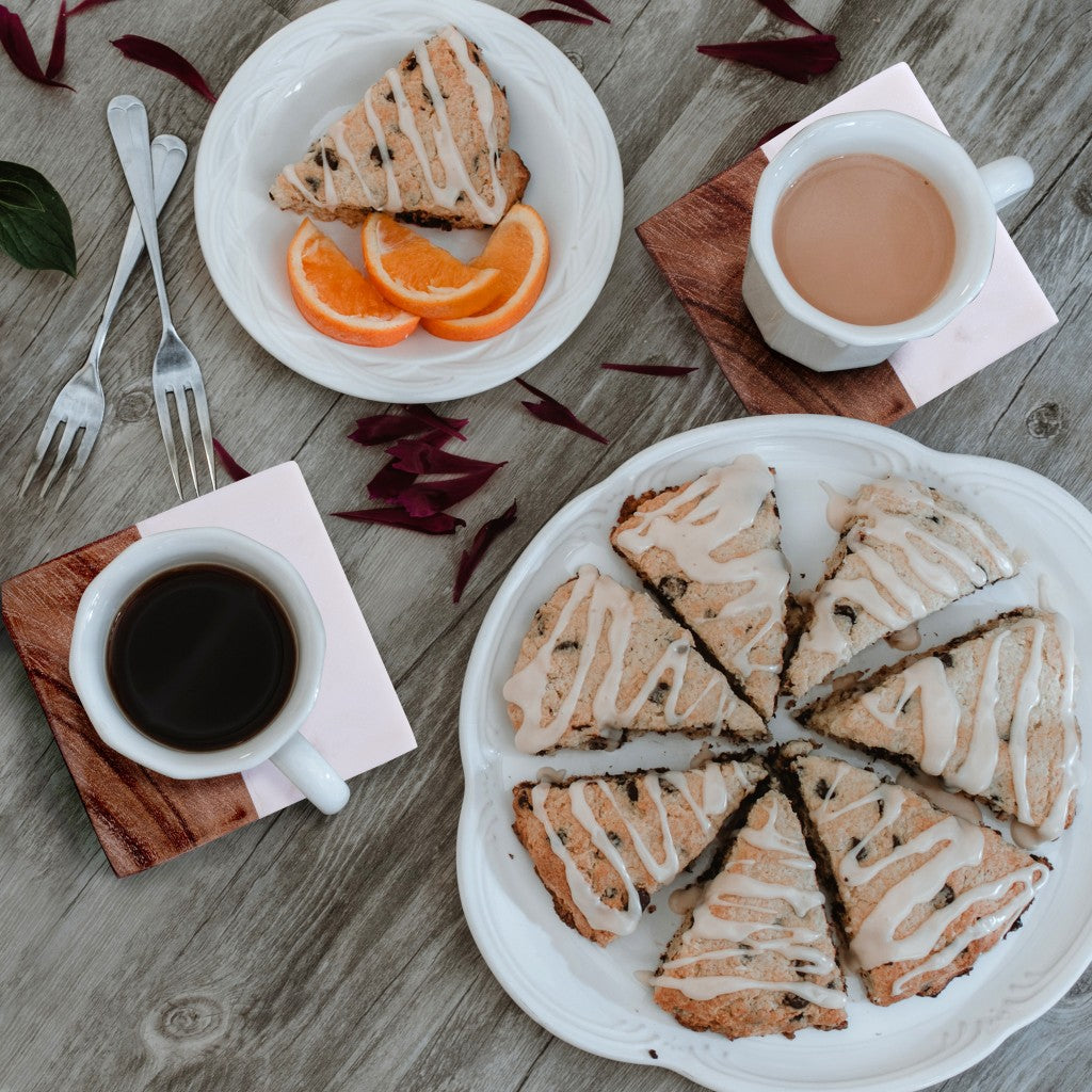 Set of Four Round Wood and Marble Coasters with Stand
