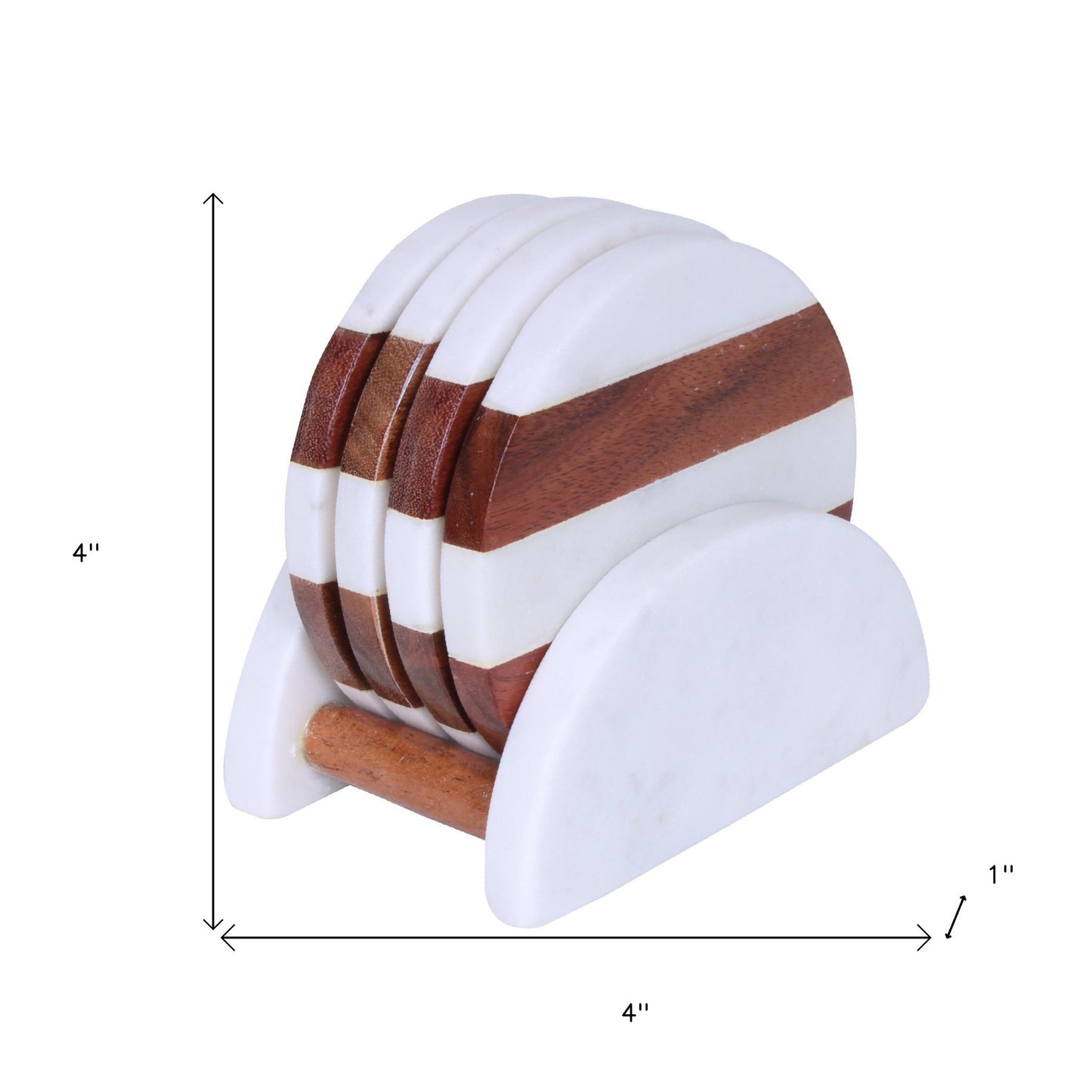 Set of Four Round Wood and Marble Coasters with Stand