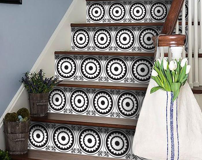 8" X 8" Black and White Posy Peel and Stick Removable Tiles