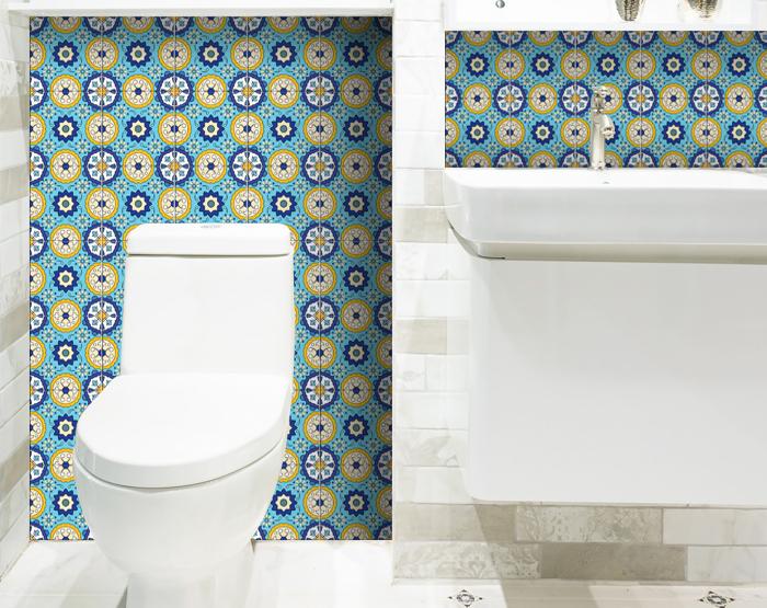 7" X 7" Aqua Floral Peel and Stick Removable Tiles