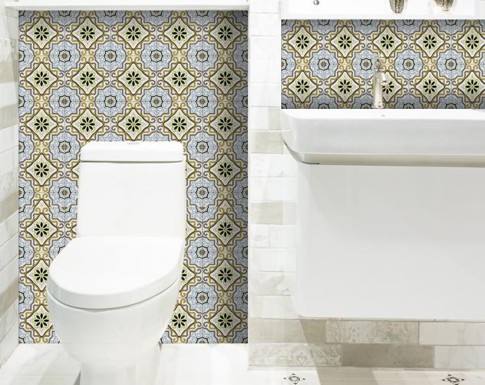 7" X 7" Taupe and Blue Scroll Peel and Stick Tiles