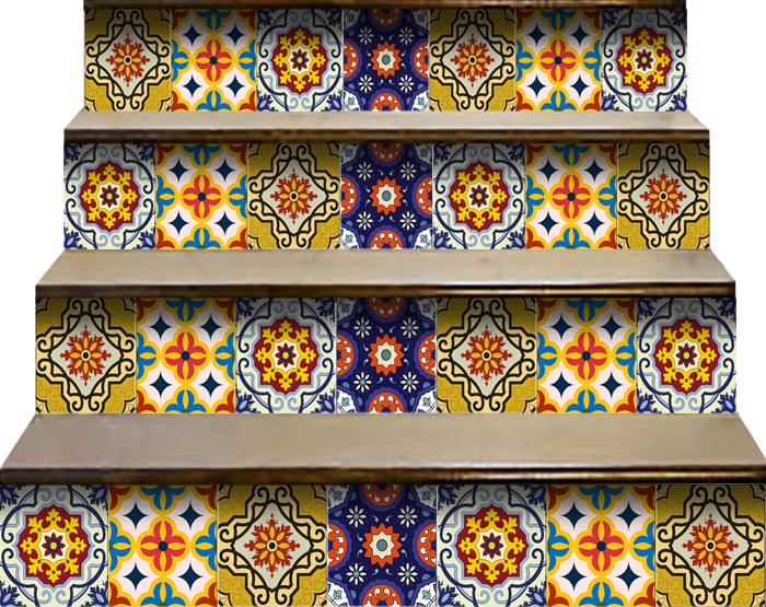 6" X 6" Blue And Yellow Mosaic Peel And Stick Removable Tiles