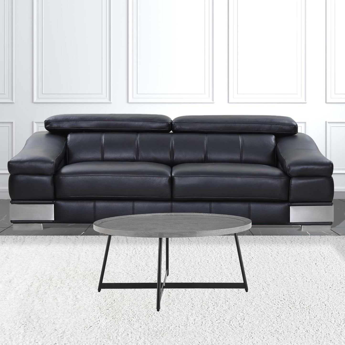 35" Black And Gray Manufactured Wood And Metal Round Coffee Table