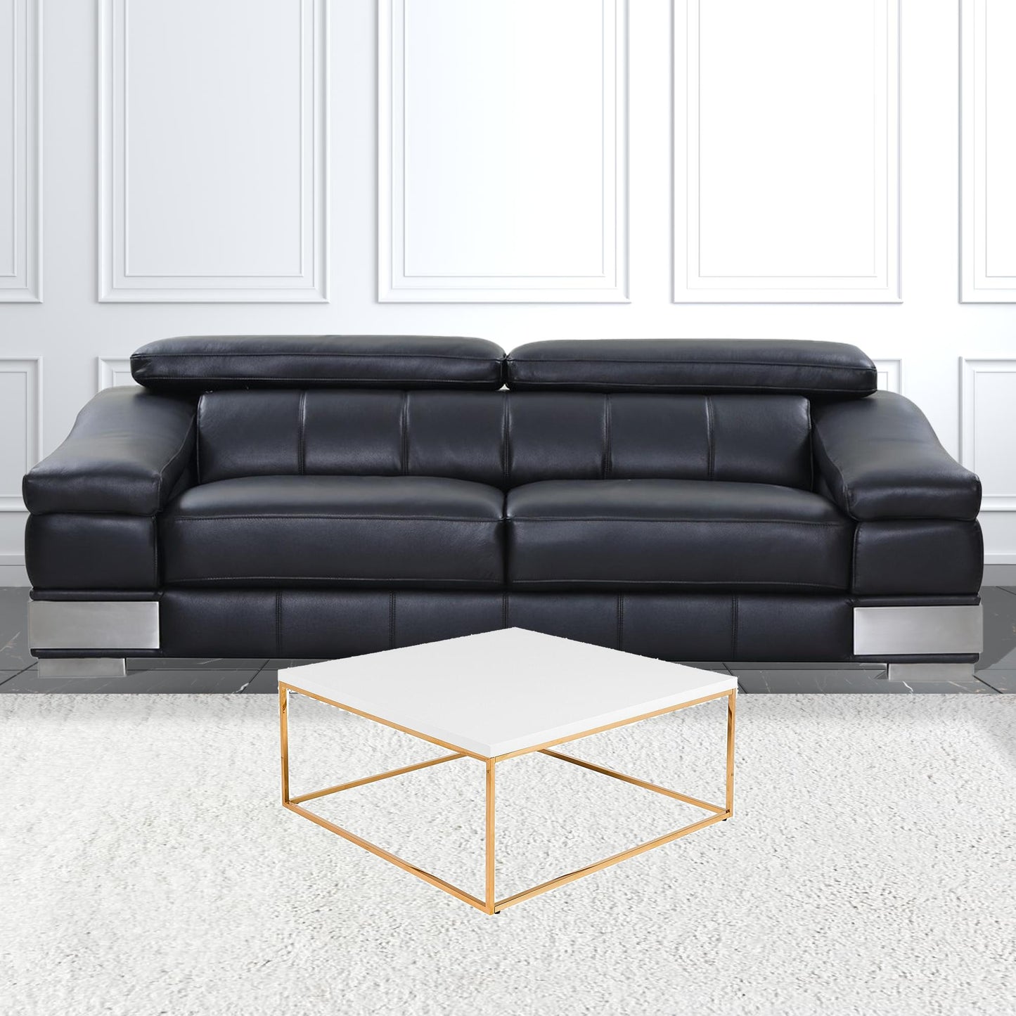 35" Gold And White Manufactured Wood And Metal Square Coffee Table
