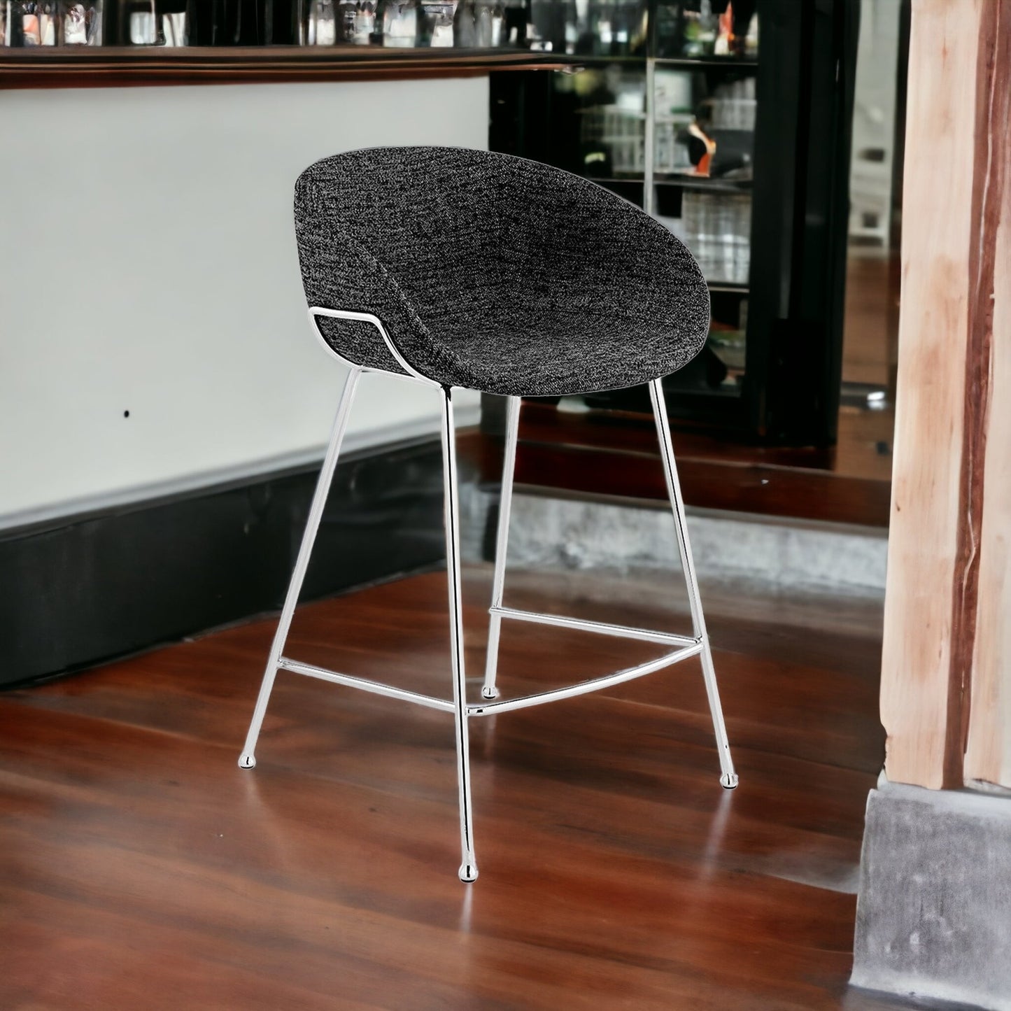 Set Of Two 35" Black And Silver Steel Low Back Counter Height Bar Chairs With Footrest