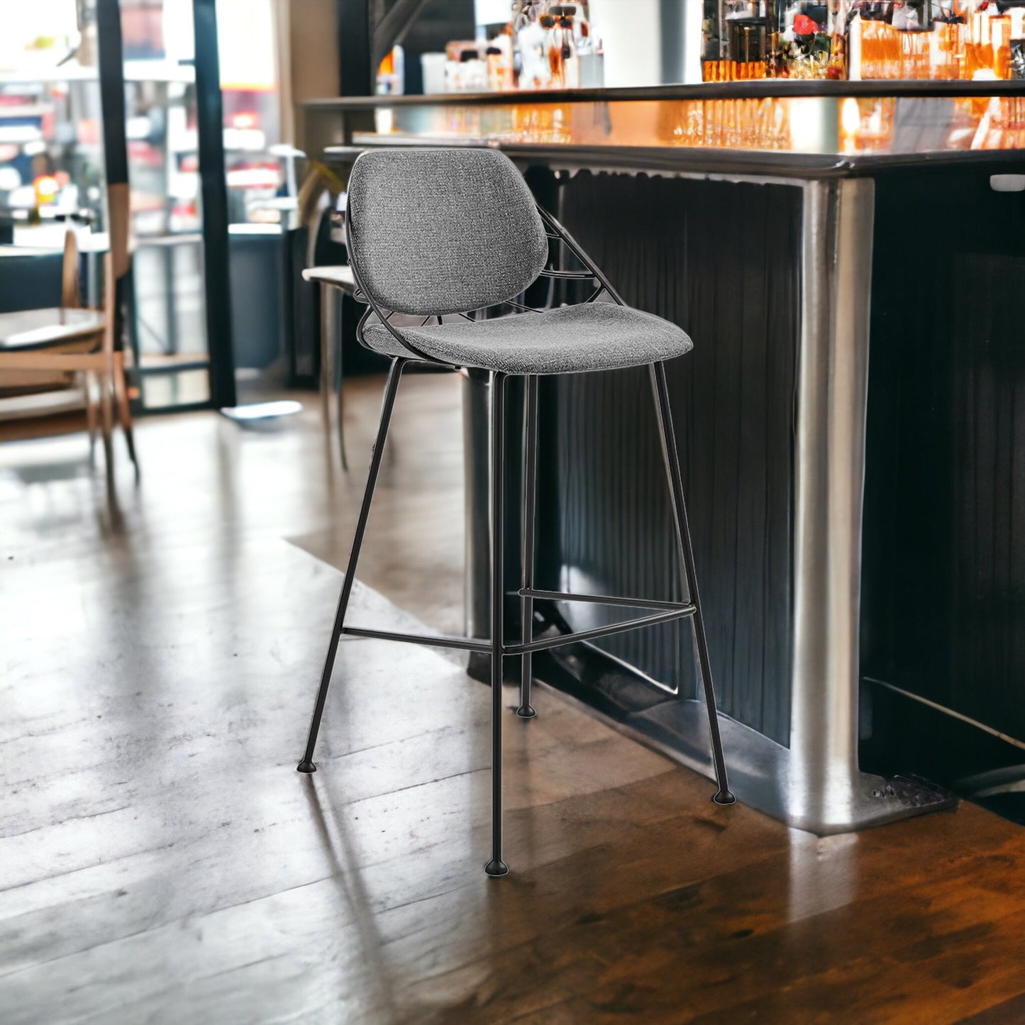 Set Of Two 40" Light Gray And Black Steel Low Back Bar Height Chairs With Footrest