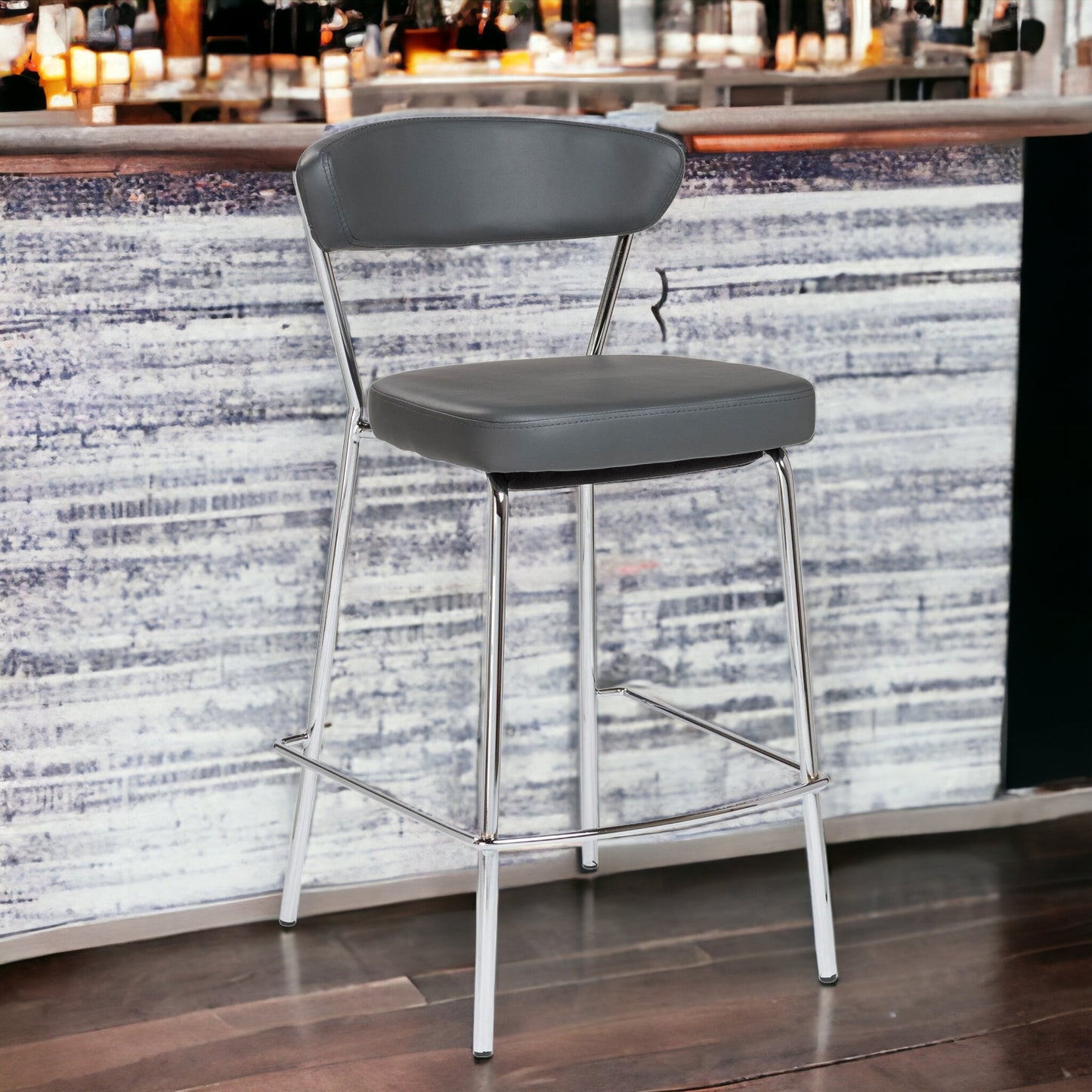 Set Of Two 36" Gray And Silver Steel Low Back Counter Height Bar Chairs With Footrest