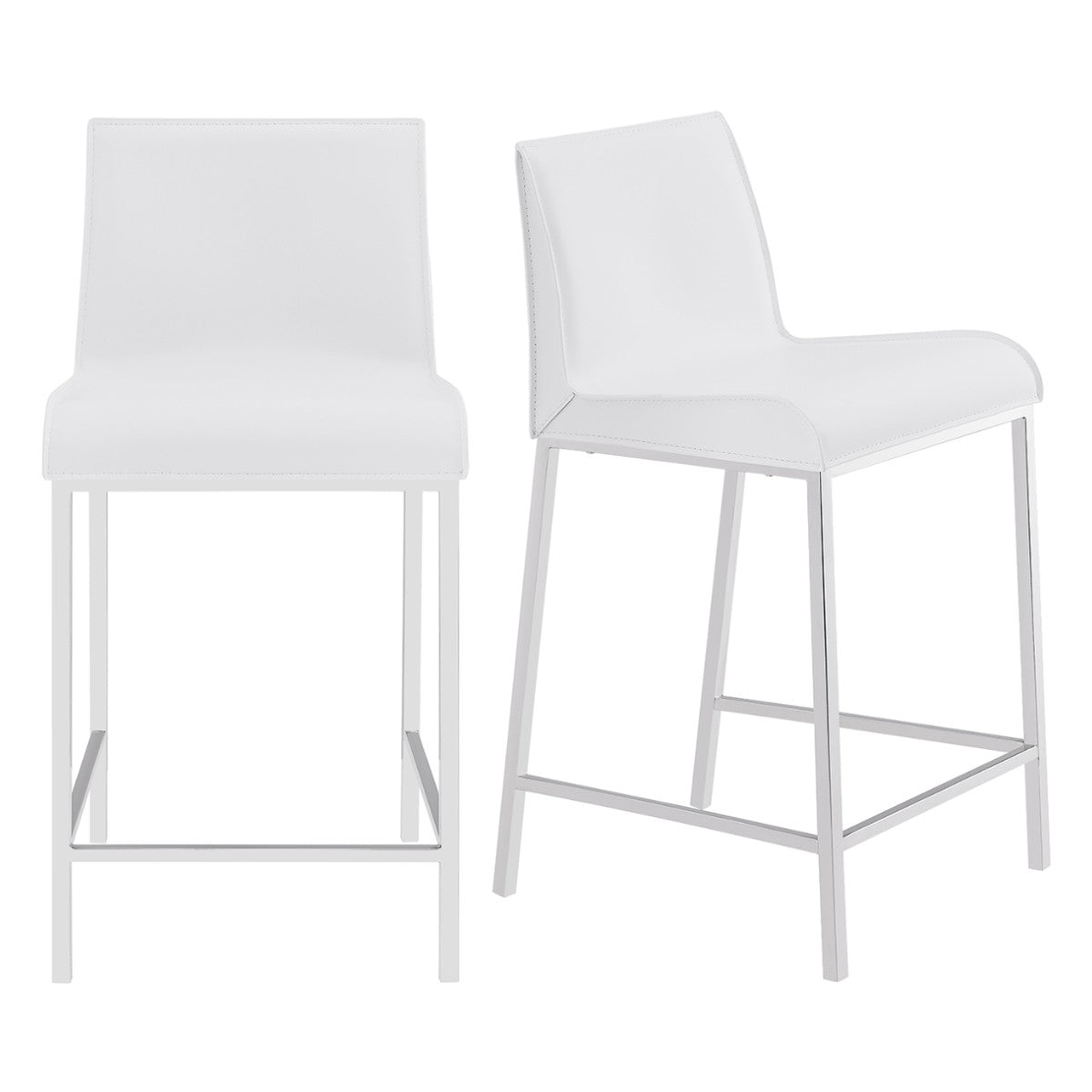 Set Of Two 34" White And Silver Steel Low Back Counter Height Bar Chairs With Footrest