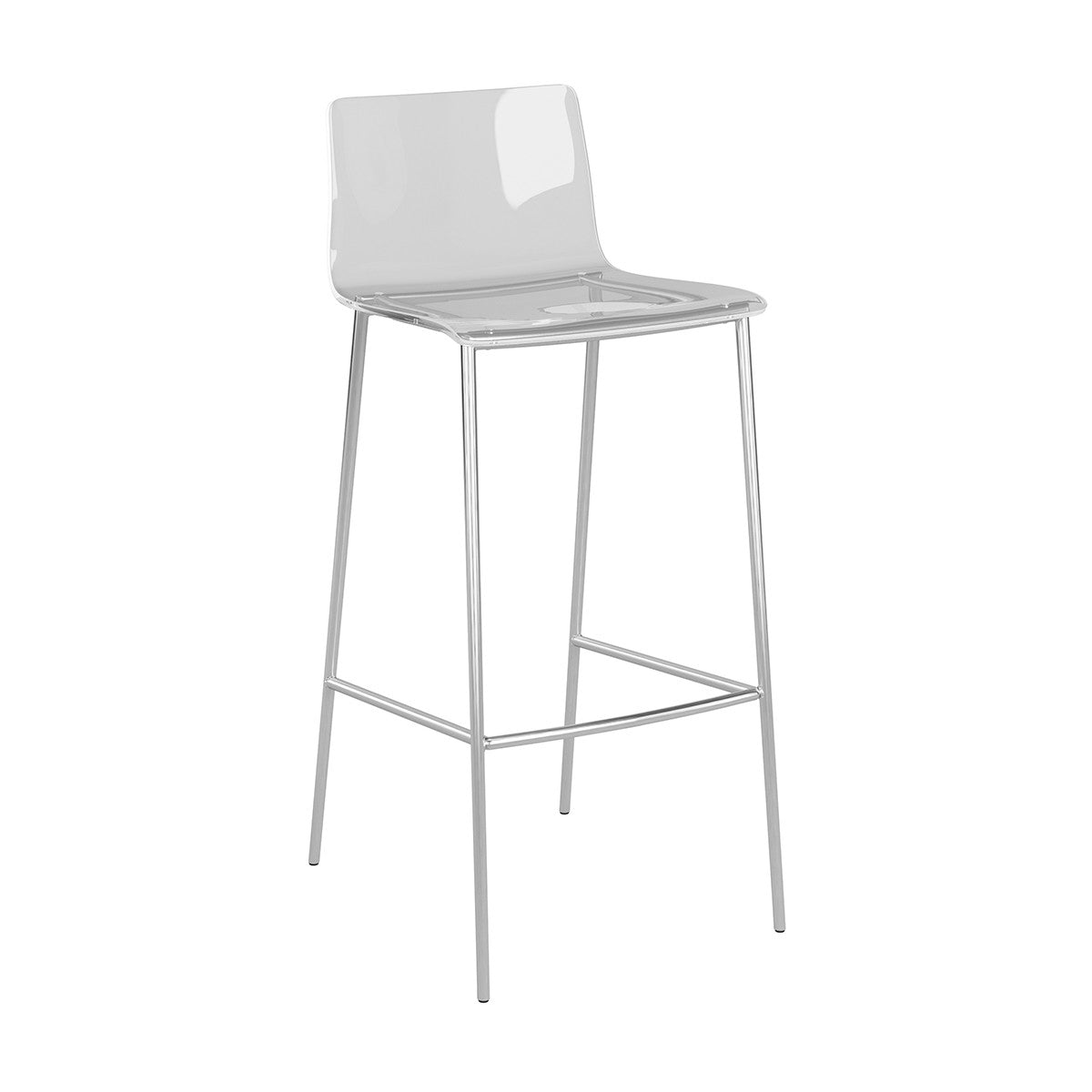 Set of Two 30" Clear And Silver Plastic Low Back Bar Height Bar Chairs With Footrest
