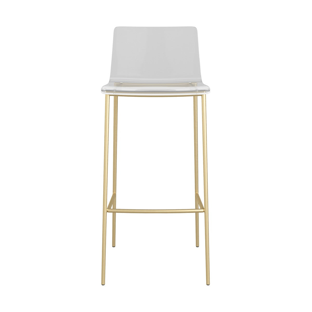 Set of Two 30" Clear And Gold Plastic Low Back Bar Height Bar Chairs With Footrest