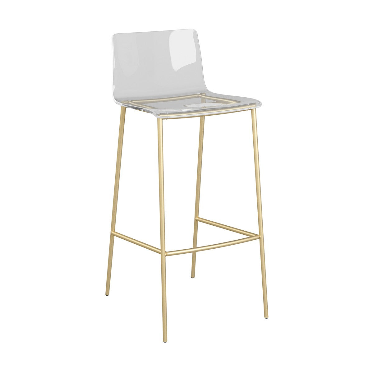 Set of Two 30" Clear And Gold Plastic Low Back Bar Height Bar Chairs With Footrest
