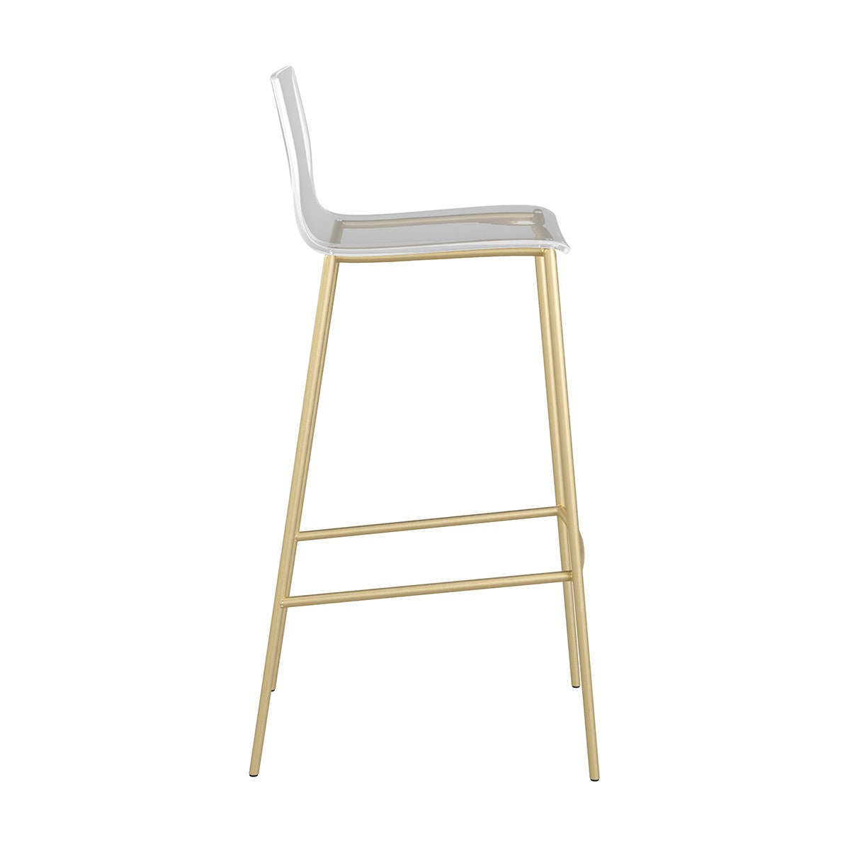 Set of Two 30" Clear And Gold Plastic Low Back Bar Height Bar Chairs With Footrest