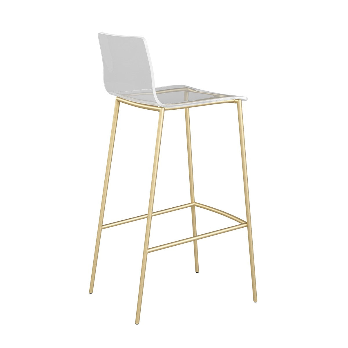 Set of Two 30" Clear And Gold Plastic Low Back Bar Height Bar Chairs With Footrest