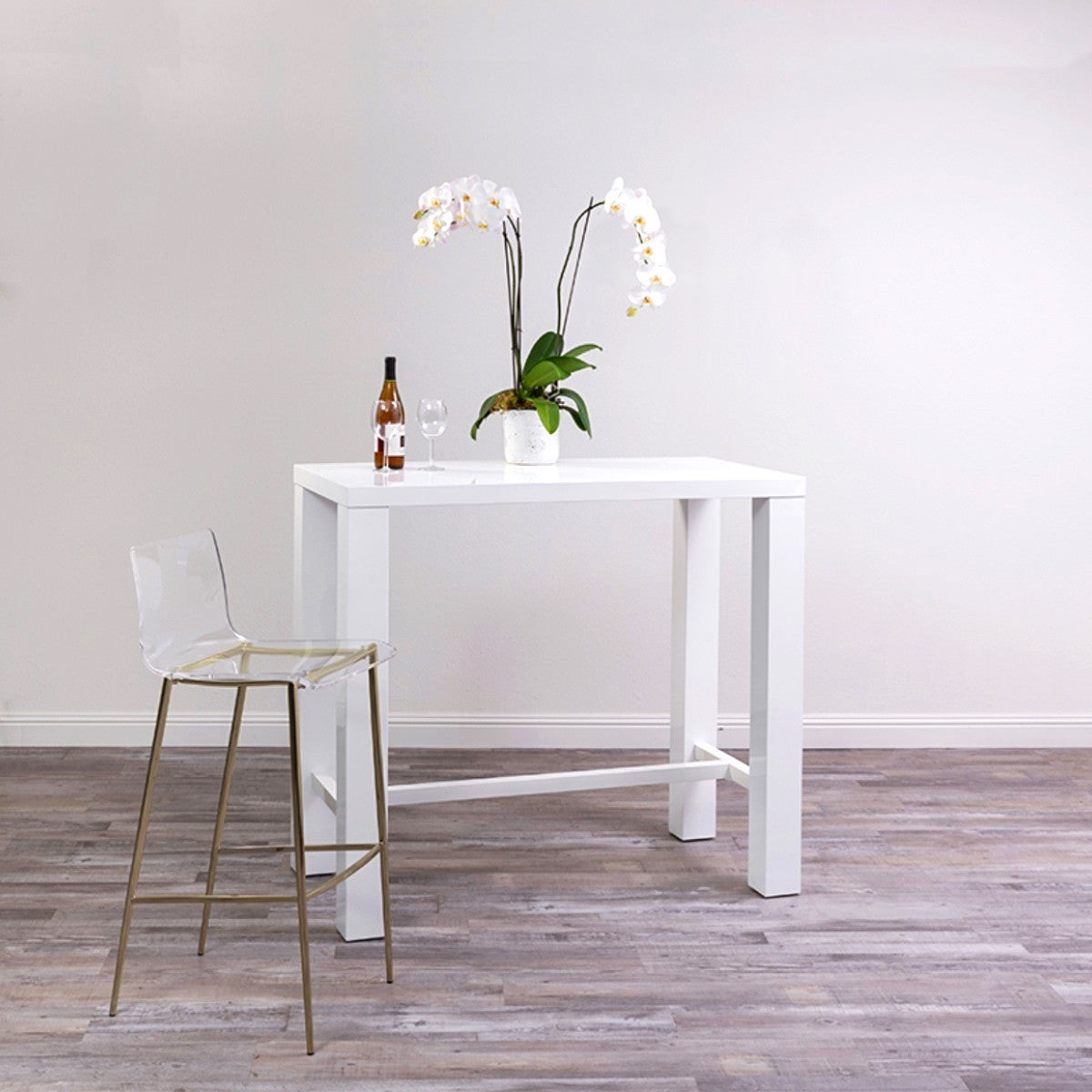 Set of Two 30" Clear And Gold Plastic Low Back Bar Height Bar Chairs With Footrest