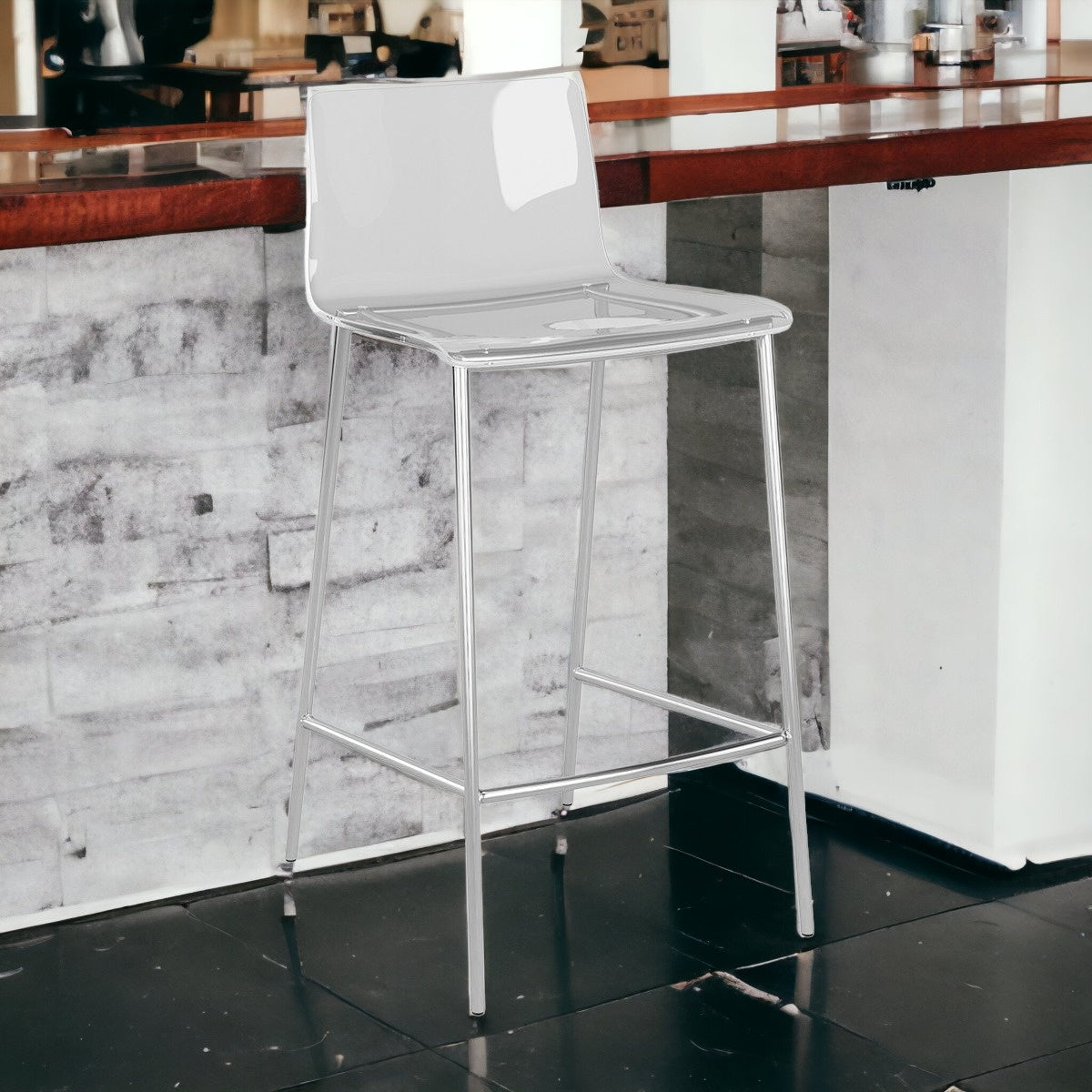 Set Of Two 35" Clear And Silver Metal Low Back Counter Height Bar Chairs With Footrest