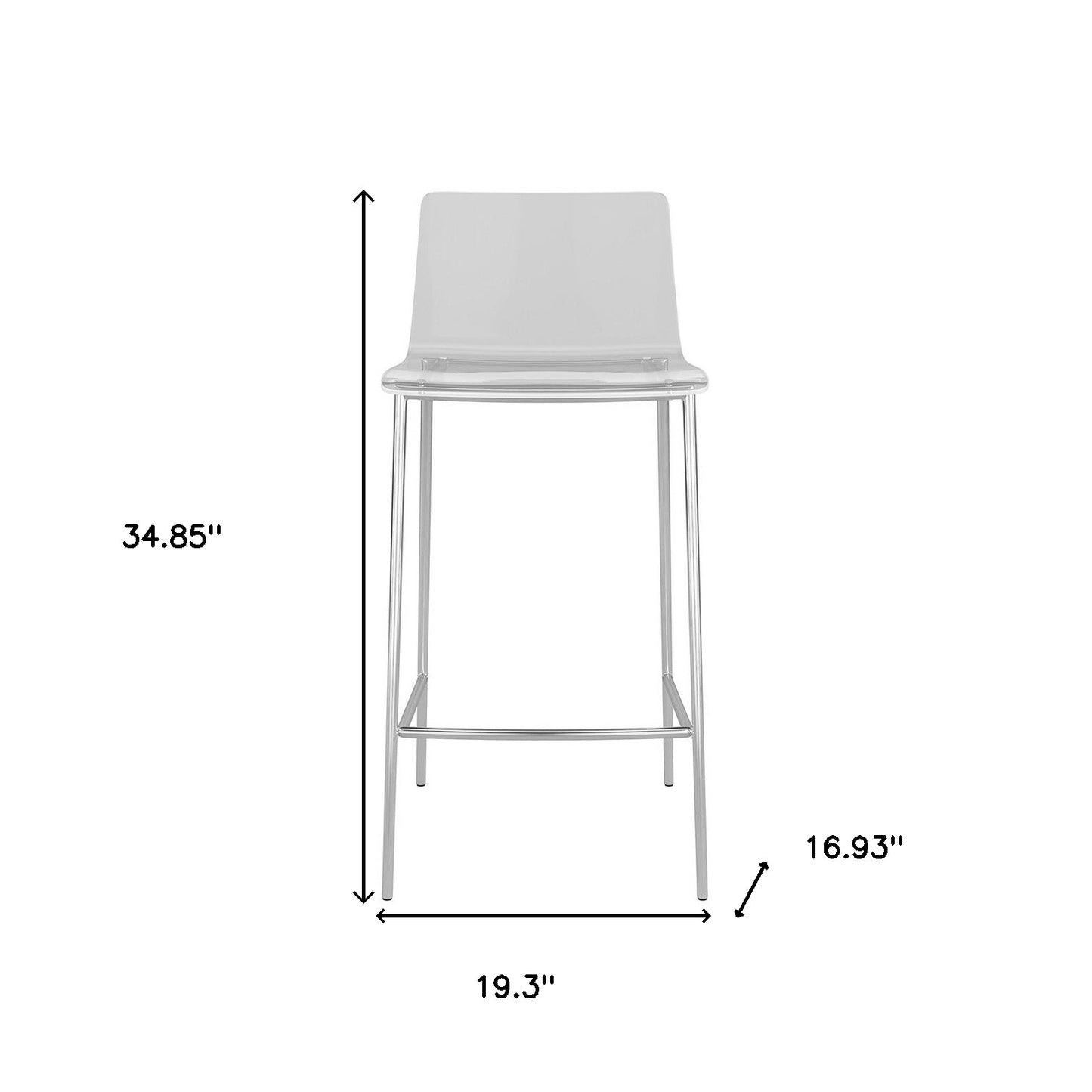 Set Of Two 35" Clear And Silver Metal Low Back Counter Height Bar Chairs With Footrest