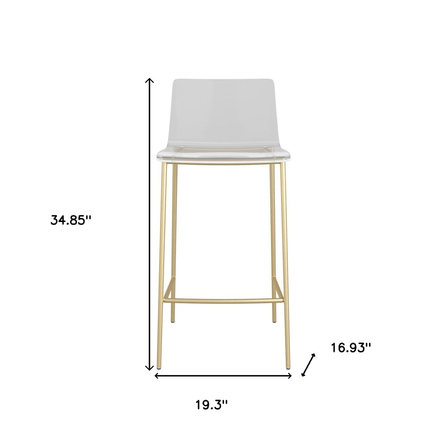 Set Of Two 35" Clear And Gold Metal Low back Counter Height Bar Chairs With Footrest